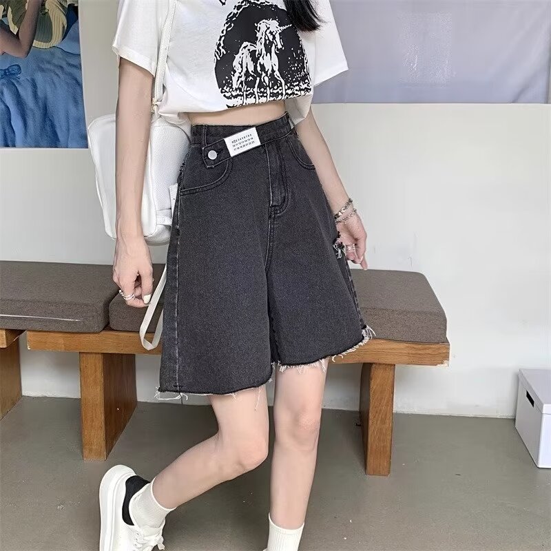 大碼牛仔短褲女胖mm夏季高腰薄款五分褲寬鬆顯瘦直筒毛邊闊腿熱褲