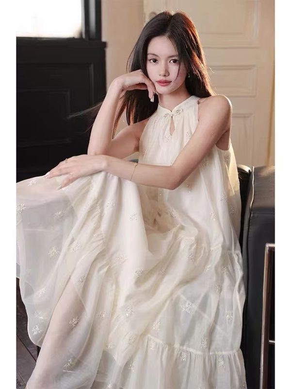 一枝春立體釘珠繡花/天絲提花印花 新中式掛脖系帶連衣裙