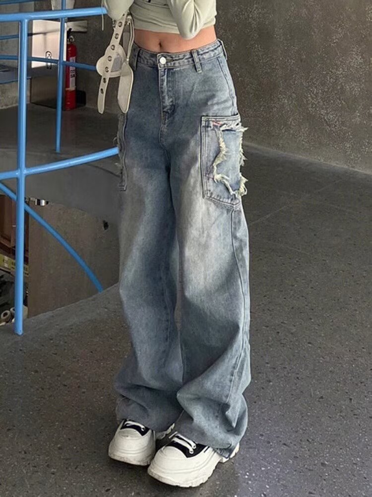 美式街頭貼布牛仔褲女夏季大碼胖mm設計感刺繡星星直筒休閒闊腿褲