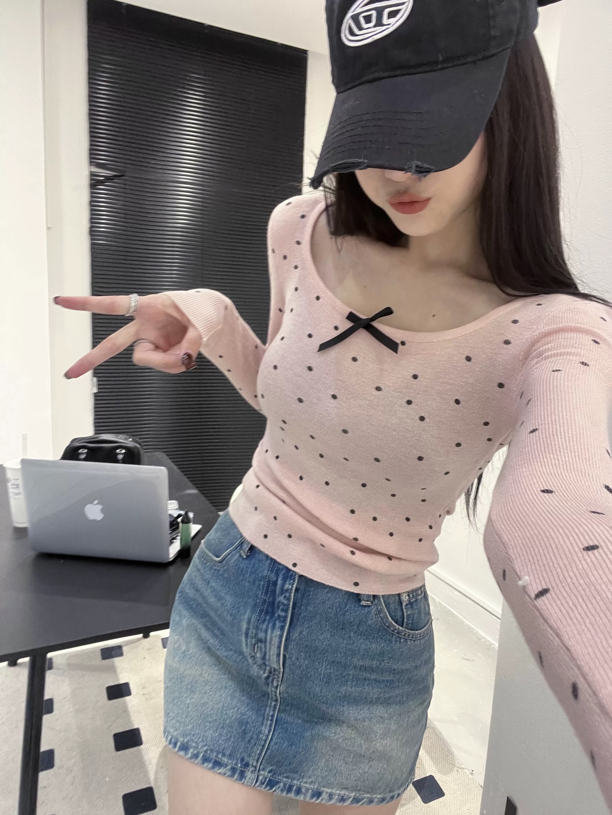 TIMI2024春季新款韓版復古波點長袖針織衫女修身顯瘦圓領短款上衣