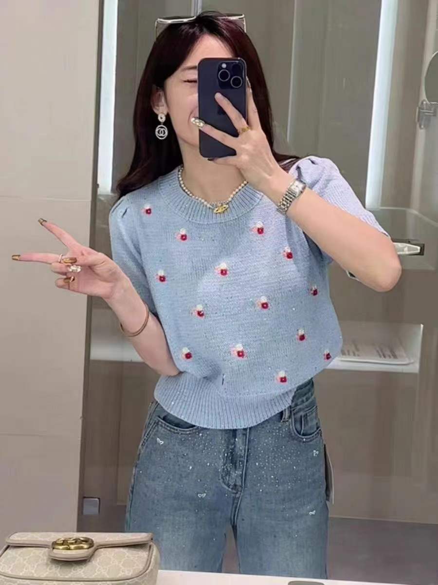 2024春夏新款彩色刺繡花朵時尚百搭短袖毛衣女設計感小眾針織衫潮