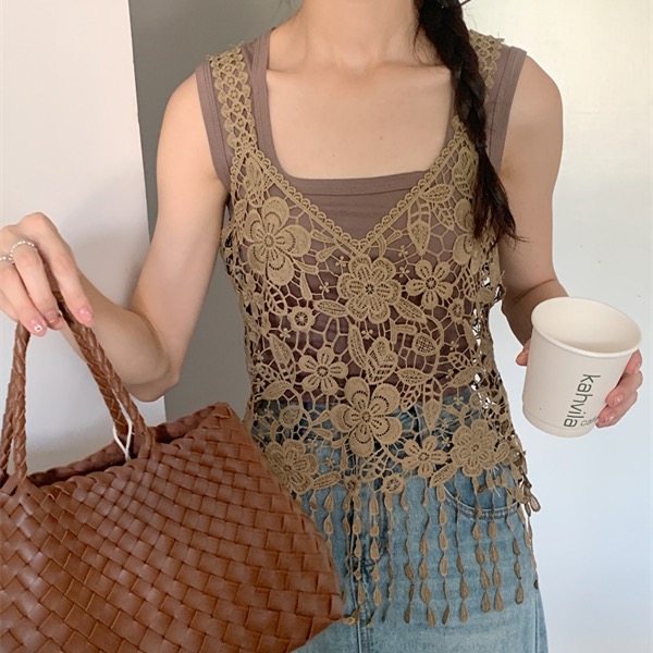 實拍 2004夏季疊穿外搭蕾絲吊帶女外穿性感鏤空刺繡百搭小衫背心