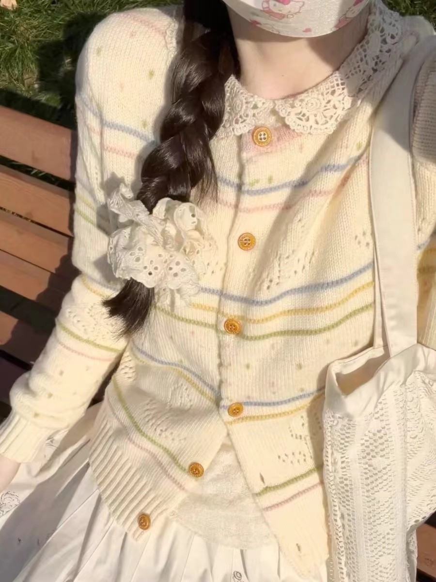 韓版彩色條紋鏤空花邊圓領針織毛衣開衫初春穿搭淑女復古文藝上衣