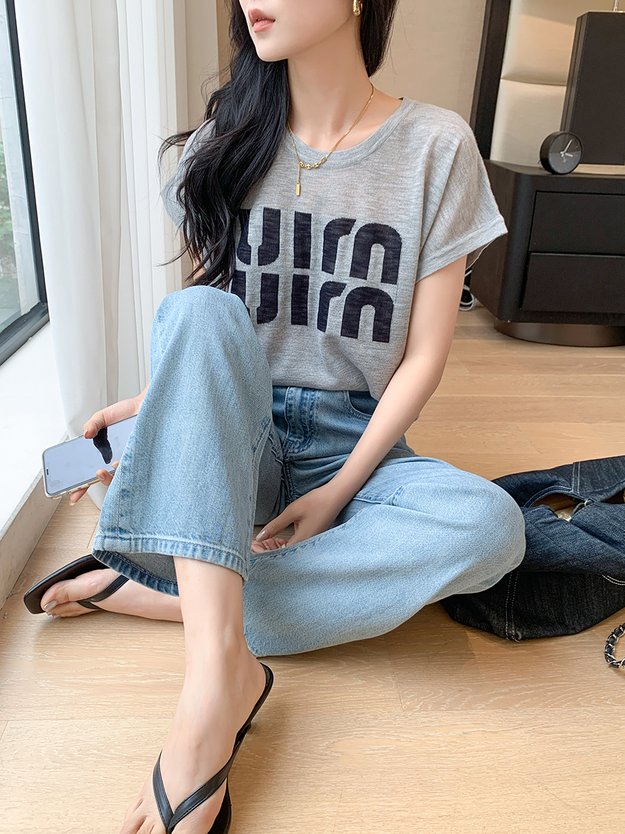 韓國設計感字母冰絲針織上衣女夏季短袖洋氣減齡薄款寬鬆百搭t恤