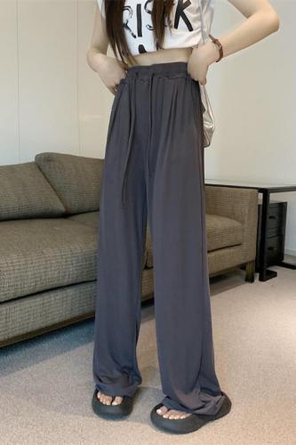Actual shot of ice silk wide-leg pants for women in spring and summer high-waisted floor-length cool pants straight casual sunscreen trousers