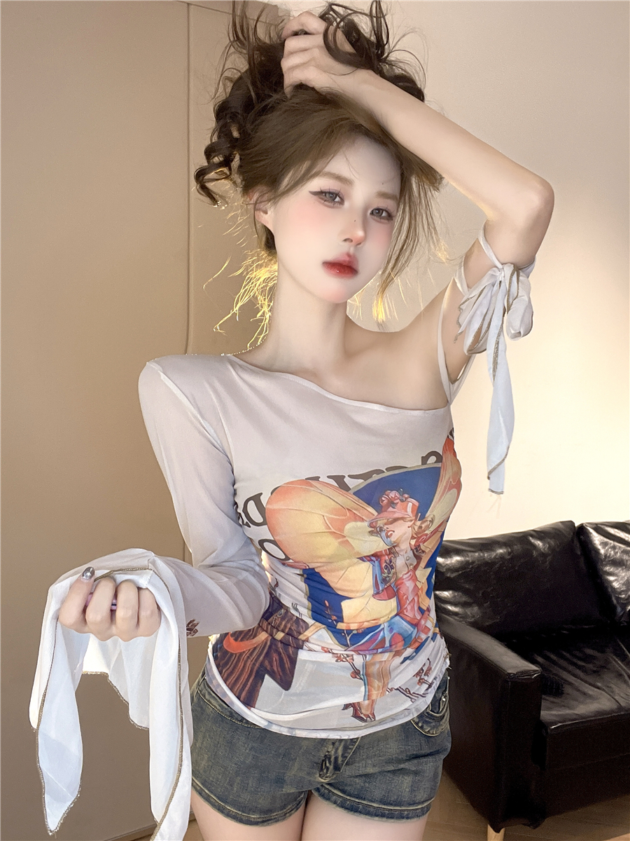 #實拍#美式復古設計感網紗木耳邊修身上衣夏季辣妹小眾單肩