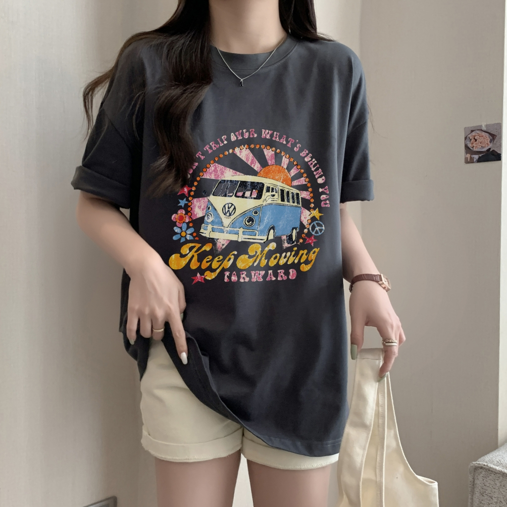 22969# 實拍 100%棉精梳純棉 印花夏裝短袖T恤女寬鬆韓版