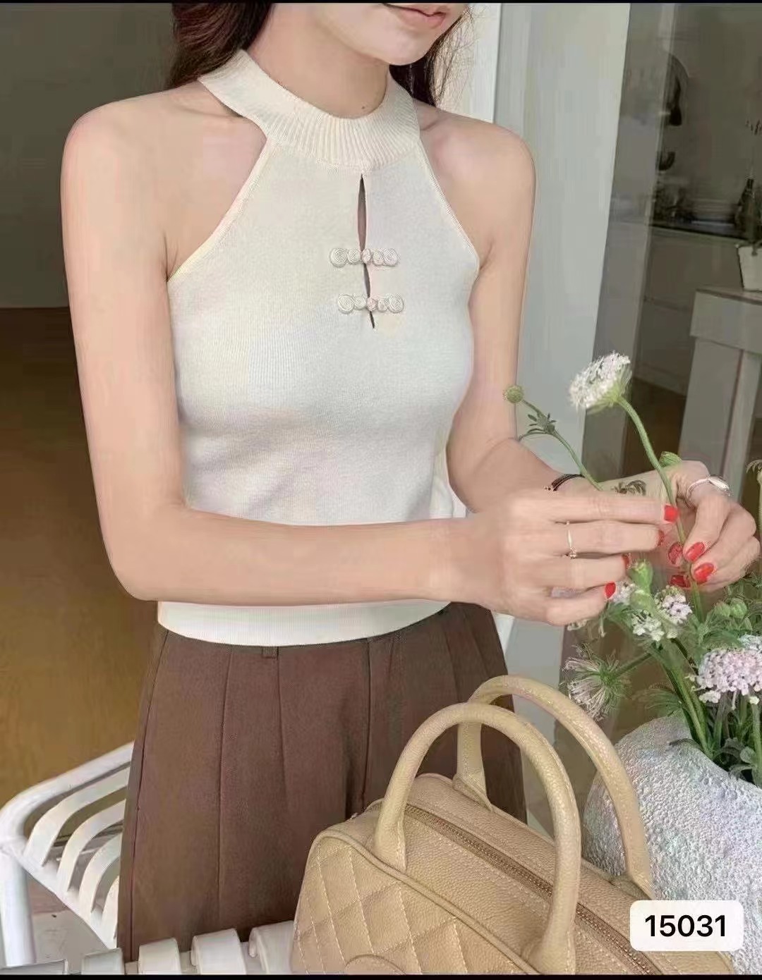 十三行新中式盤扣掛脖針織背心女春季新款無袖露肩修身顯瘦上衣