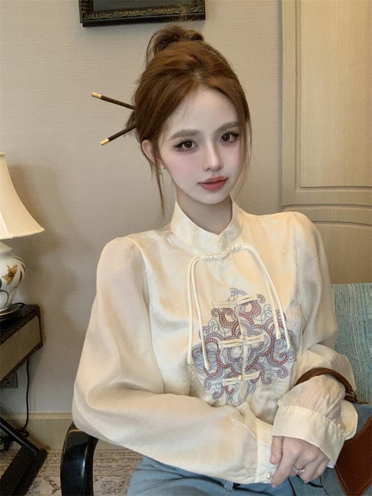 實拍新中式國風減齡洋氣襯衫女2024早春流蘇盤扣刺繡拼接立領小衫