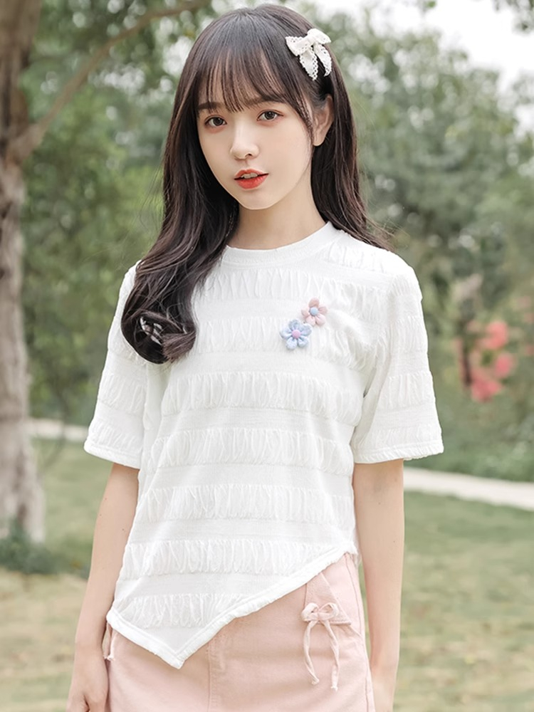 首發單面提花夏季新款褶皺條紋不規則設計小眾圓領短袖T恤女