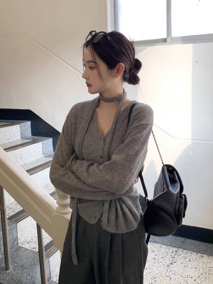 韓國chic春季簡約氣質V領掛脖單排扣寬鬆百搭長袖針織衫毛衣上衣