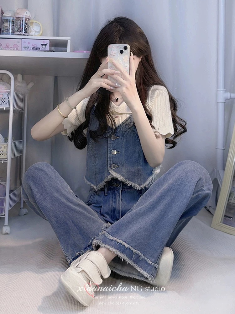 奶鹽系分體式牛仔背帶褲女2024春夏新款設計感小眾寬鬆直筒褲套裝