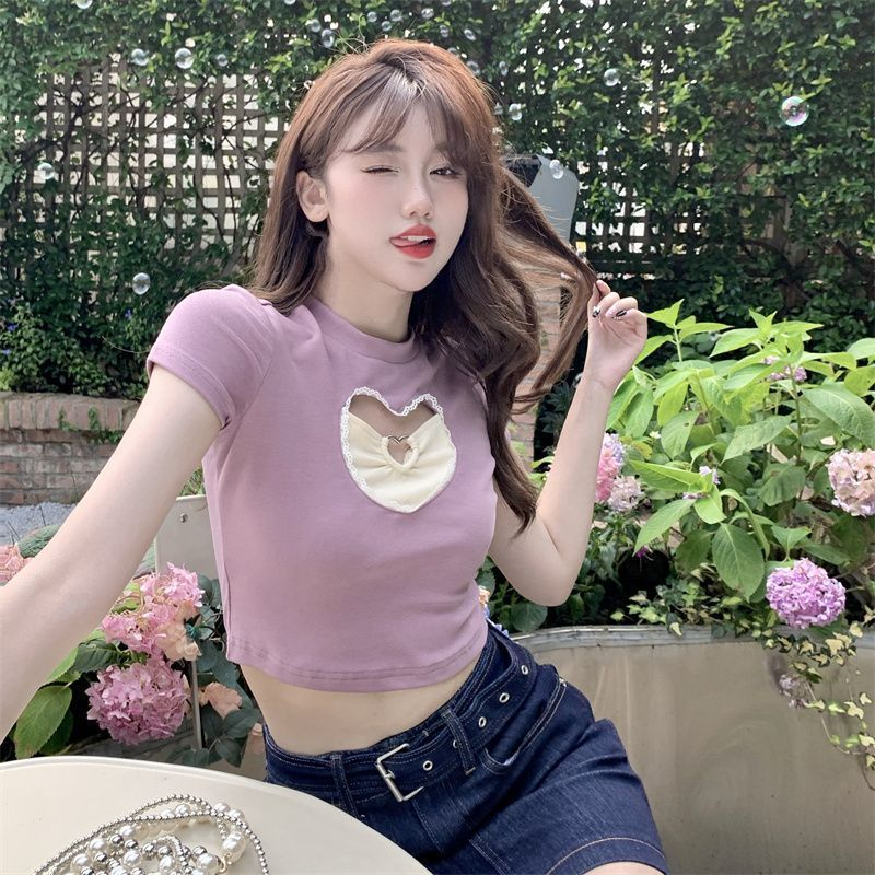 鏤空愛心設計感小眾別致短款上衣女夏季新款辣妹短袖t恤女ins甜辣