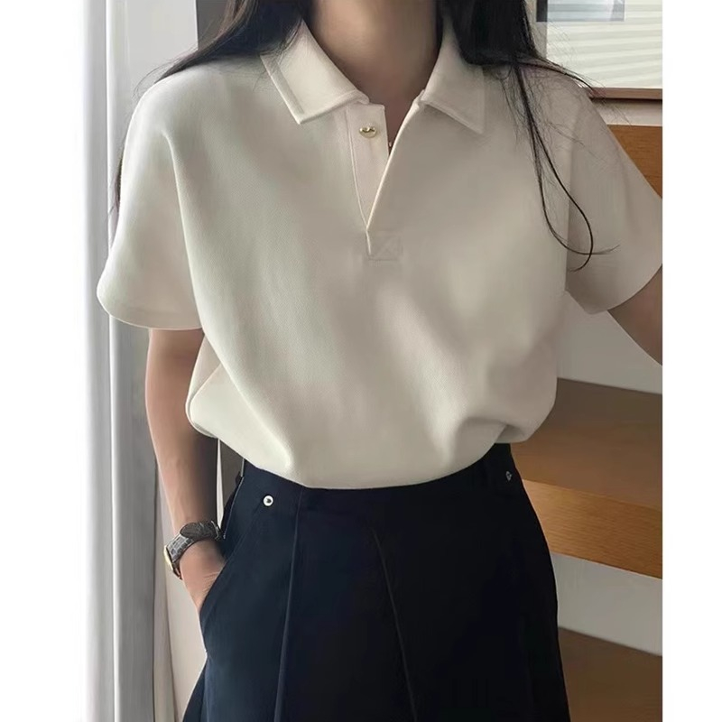 夏季韓國chic 法式小眾POLO領金屬愛心紐扣寬鬆休閒百搭短