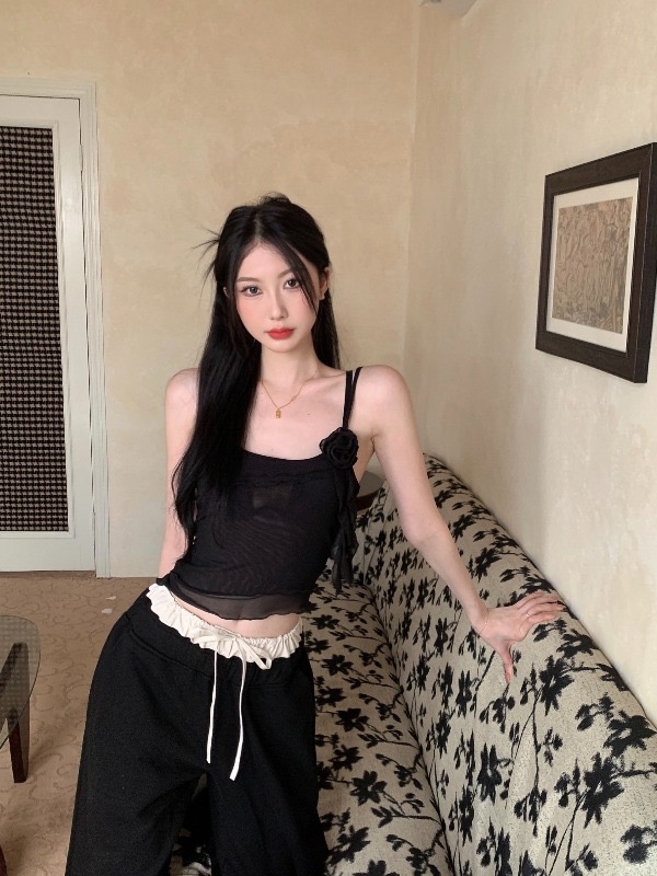 原版做法和布料  立體花朵網紗吊帶女甜辣妹無袖背心修身短款上衣