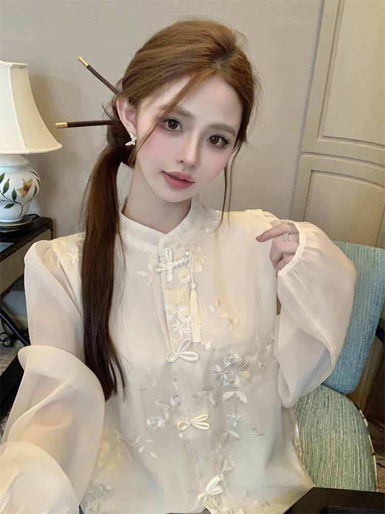 實拍2024春季新款重工刺繡盤扣雪紡襯衫女長袖高級感天絲國風上衣
