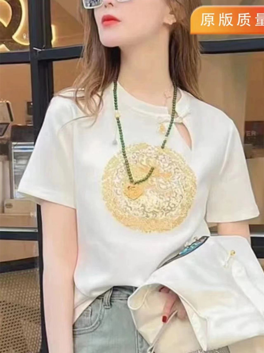 2024春夏時尚新中式國風短袖t恤女裝高級感小衫顯瘦百搭刺繡上衣