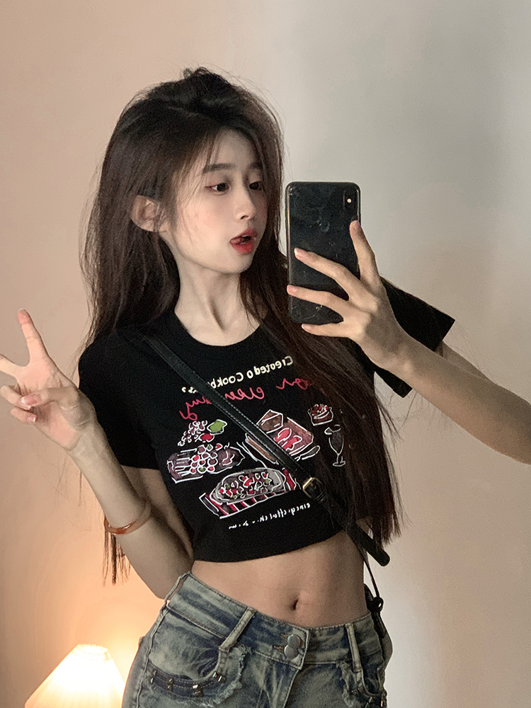 原創~實拍~甜酷風短款印花顯瘦修身短袖T恤女夏