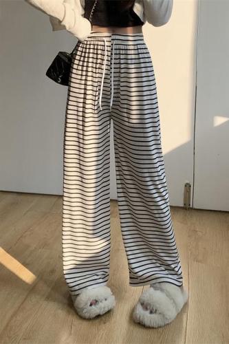 Actual shot of black and white striped drawstring casual pants for spring and summer floor-length straight trousers with loose high waist and wide legs