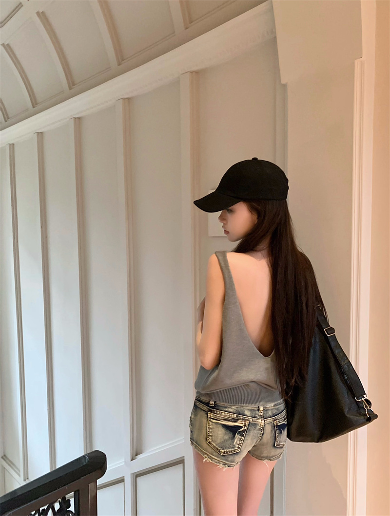實拍  美式復古洋氣顯瘦露背針織吊帶背心