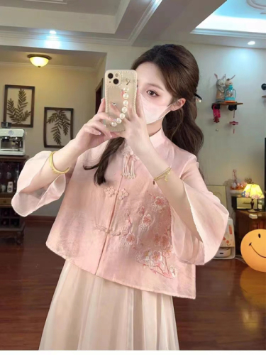 粉色国风新中式女装刺绣衬衫女2024夏季宽松新款上衣外套改良汉服