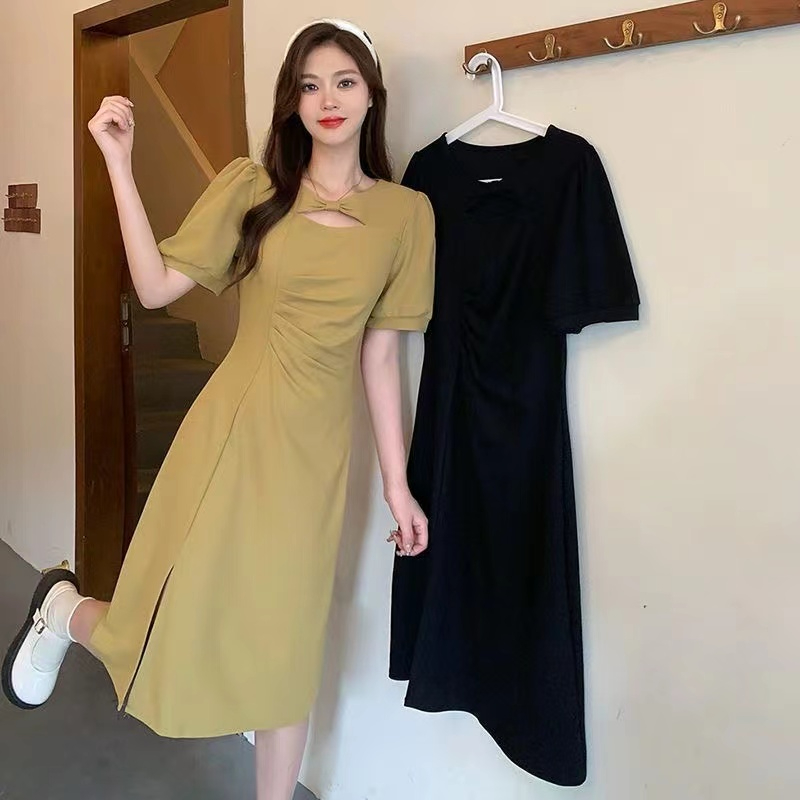 2024夏裝新款胖妹妹大碼女裝時尚純欲風折褶修身遮肉收腰連衣裙