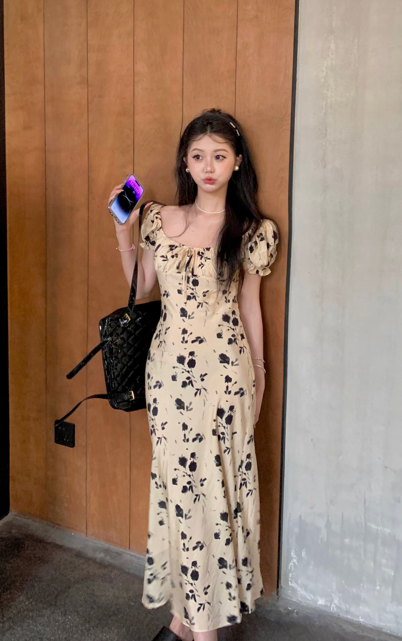 Actual shot of Southern Evening Breeze Square Neck Tie Puff Sleeve Floral Skirt Women's Summer Smudged Slimming Long Skirt