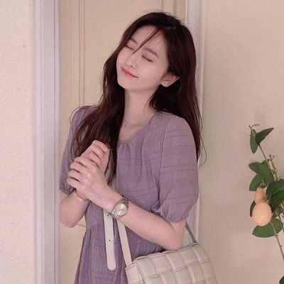 肉完同款2024法式連衣裙女蝴蝶結系帶收腰褶皺甜美長裙