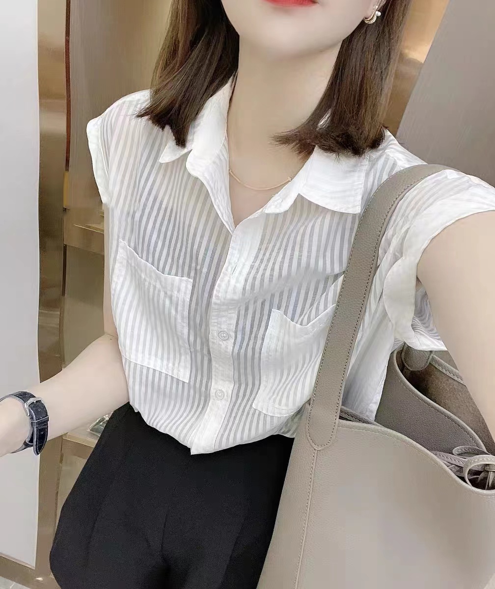 歐貨設計感小眾豎條紋雪紡襯衫女夏輕薄透氣質小衫POLO領口袋上衣