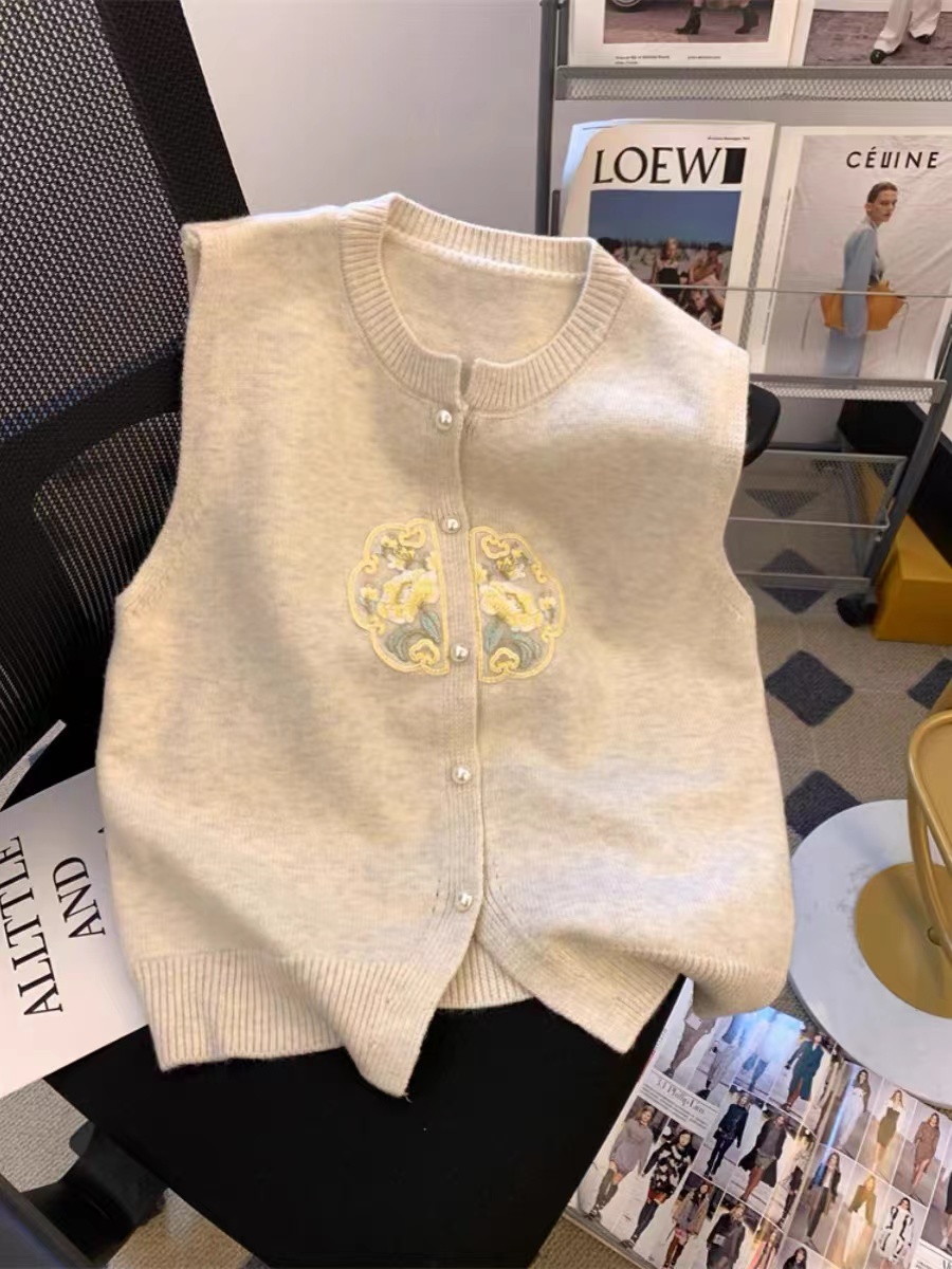 新中式國風刺繡針織開衫女2024早春新款高級感無袖別致獨特上衣