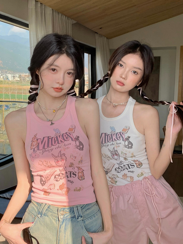 kumikumi卡通印花吊帶女夏季設計感小眾外穿背心修身短款無袖上衣