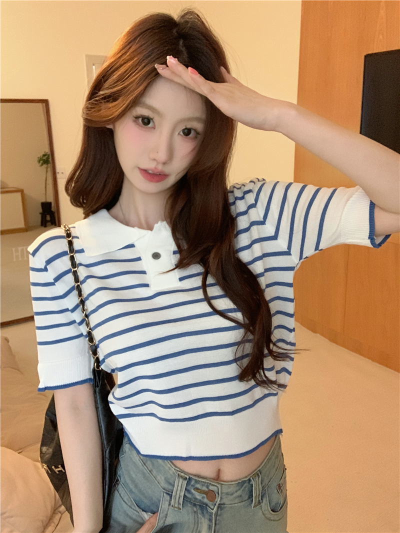 實拍 韓版復古條紋Polo衫翻領短袖女春夏新款寬鬆小眾ins
