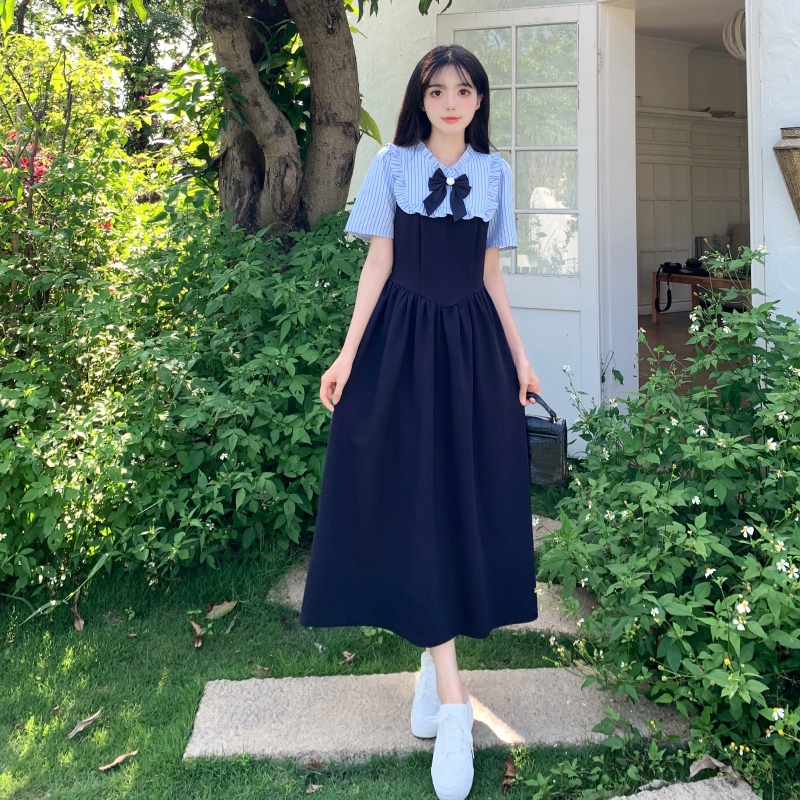 大碼女裝氣質遮肚子減齡學院風連衣裙夏季假兩件胖mm顯瘦長裙