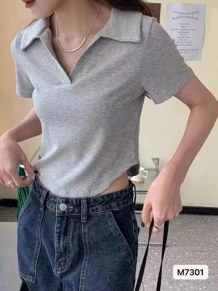 2024夏季新款純欲辣妹Polo領純色弧形短袖上衣女