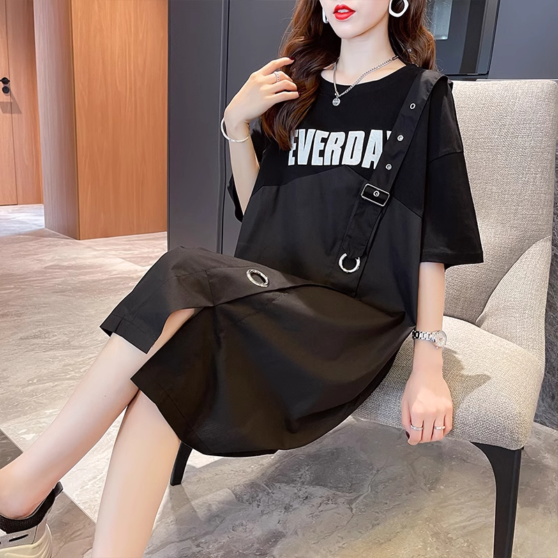 實拍 6535棉中長款2024新款拼接假兩件短袖t恤大碼女裝連衣裙
