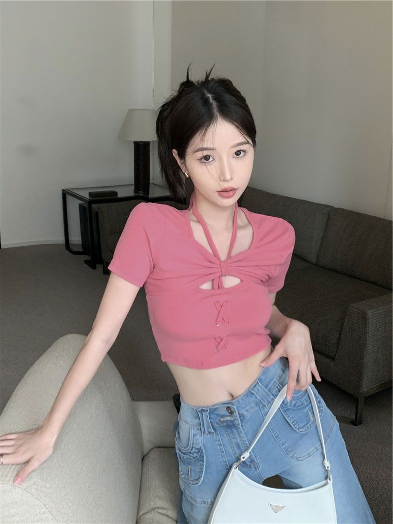 抽繩綁帶上衣女夏季短款純色T恤小心機設計高腰鏤空短袖打底衫T恤