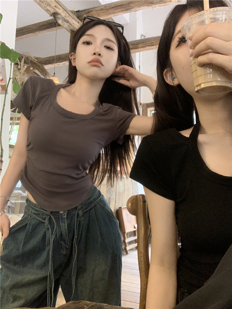 實拍韓系掛脖系帶收腰顯瘦純色百搭多色短袖T恤