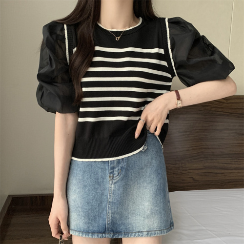 Real shot French fake two-piece knitted sweater spring and summer new style gentle stitching contrasting striped knitted top trendy