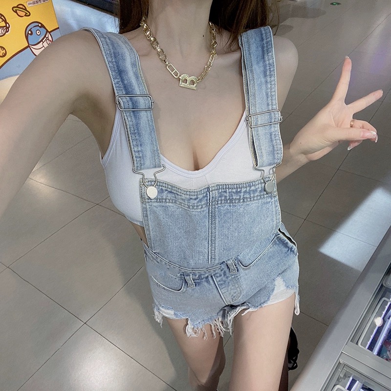 網紅破洞牛仔背帶短褲女夏寬鬆高腰顯瘦闊腿熱褲學生吊帶連體褲子