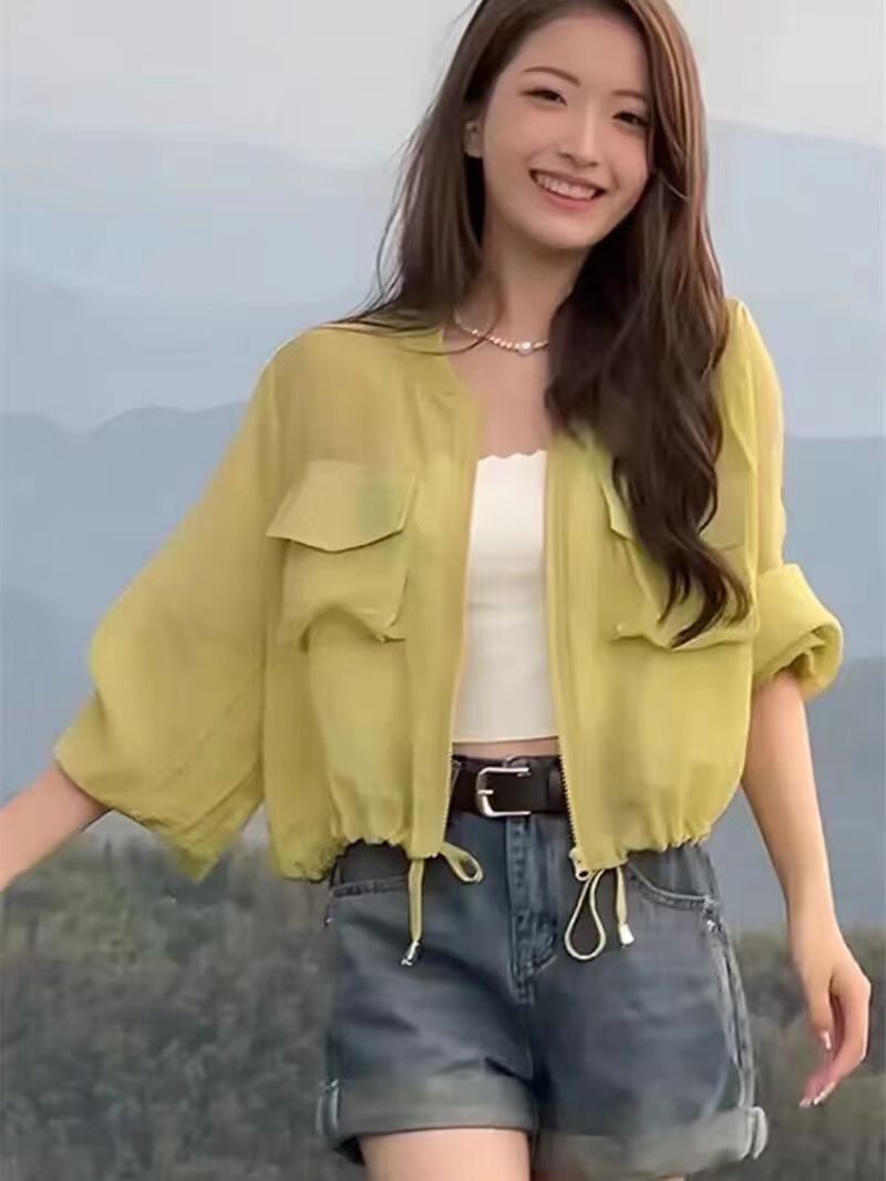 夏季薄款長袖防曬衣女寬鬆休閒外套抽繩短款透氣圓領開衫上衣