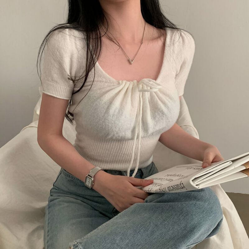 韓國chic方領系帶設計感收腰短袖一字肩針織衫女