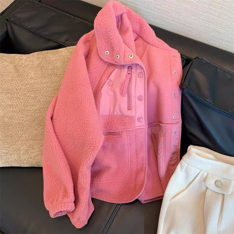 韓范小香風羊羔毛絨工裝棉服男女冬季樹莓粉色慵懶風加厚夾克上衣