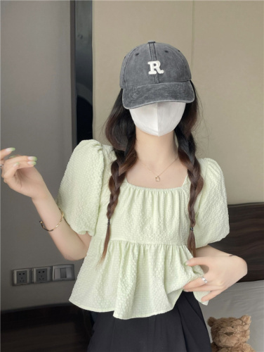 Actual shot~Summer new Korean style design square neck puff sleeves sweet babydoll top with string back