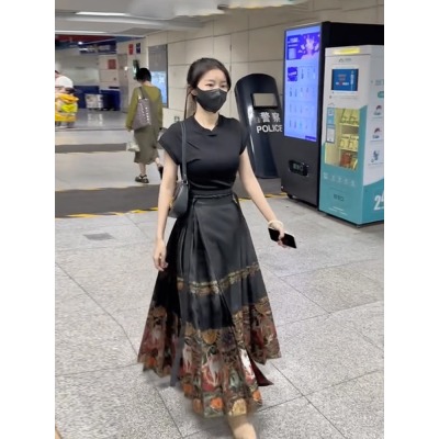夏日2024新款漢服女款成人新中式國風黑色馬面裙穿搭套裝夏季薄款
