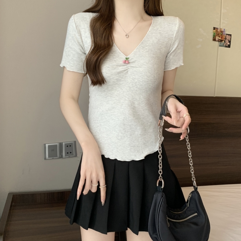 實拍  40支純棉 2024夏裝V領打底衫女荷葉邊短袖T恤女