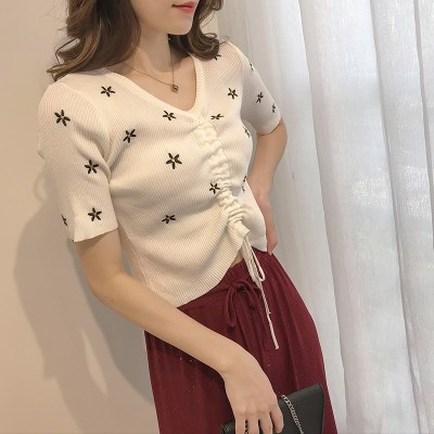 針織v領抽繩上衣女2024新夏修身顯瘦心機小眾高腰露臍短款半袖t恤