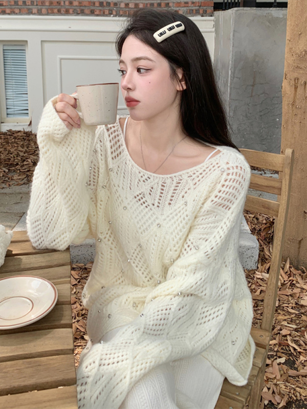 溫柔慵懶風釘珠鏤空套頭毛衣女春秋外穿薄款寬鬆中長款針織衫上衣