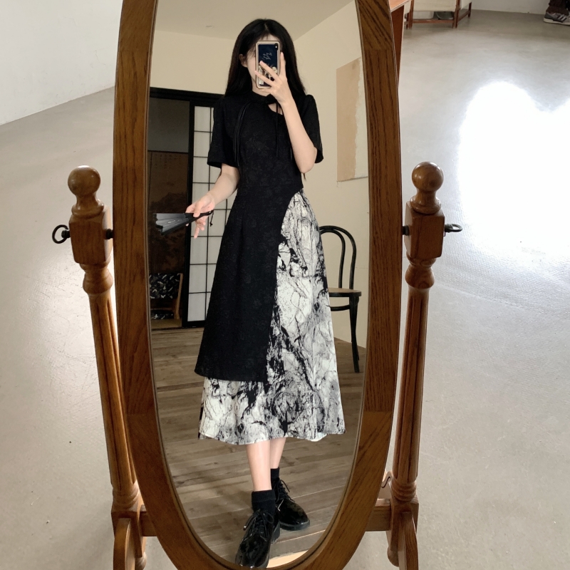 大碼女裝新中式假兩件撞色連衣裙夏季新款氣質氛圍設計款中長裙子