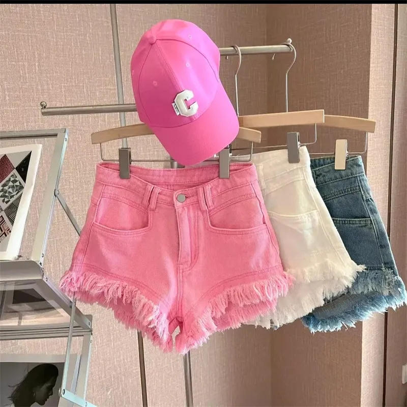中腰韓版休閒港味毛邊流蘇辣妹牛仔短褲熱褲夏季破洞洋氣2024粉色