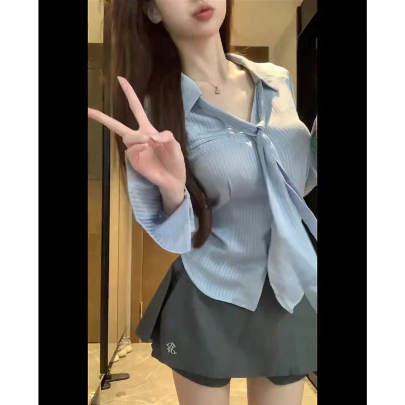 辣妹襯衫POLO領純欲辣妹早秋襯衫收腰修身時尚女裝襯衣時尚短裙